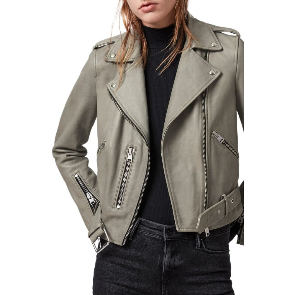 Allsaints Balfern Leather Biker Jacket in Grey US 10 Women's